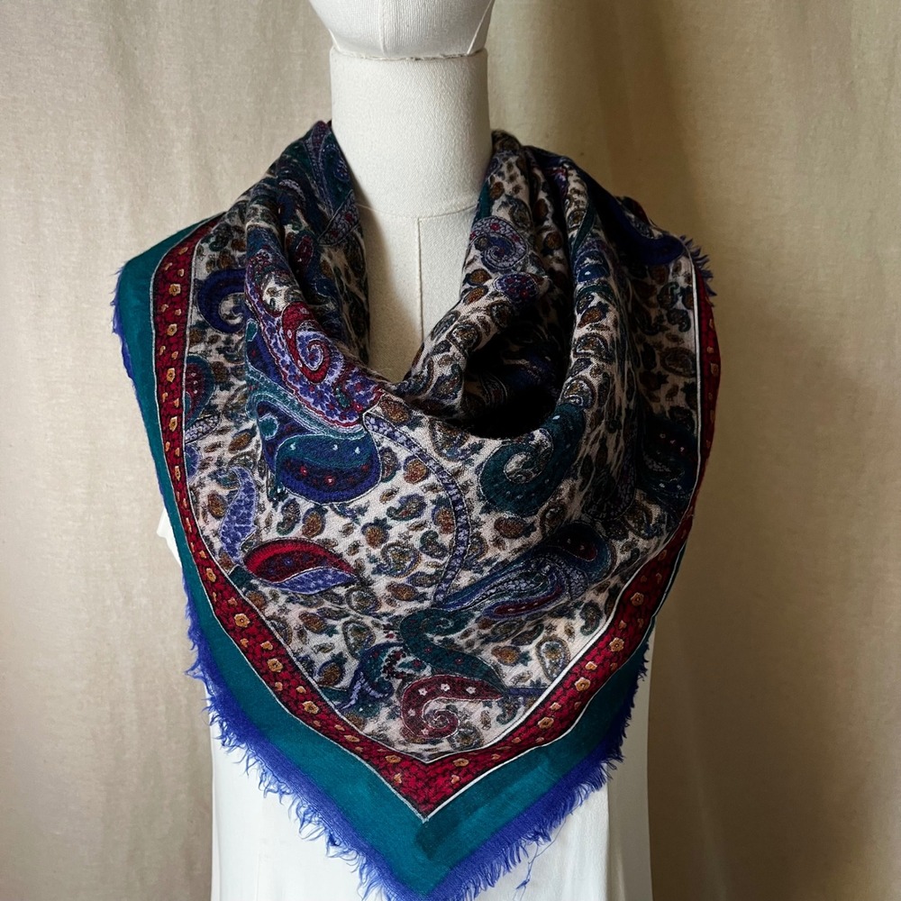 Vintage Amanda Smith Wool Scarf 34" Square Paisley Jewel Tone Made in Japan